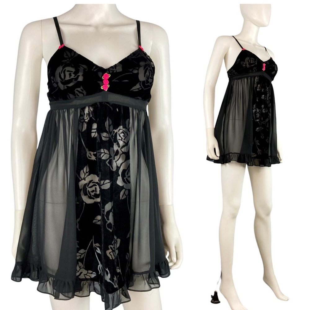 Vintage Betsy Johnson intimates black chiffon velvet burnout  babydoll nightie